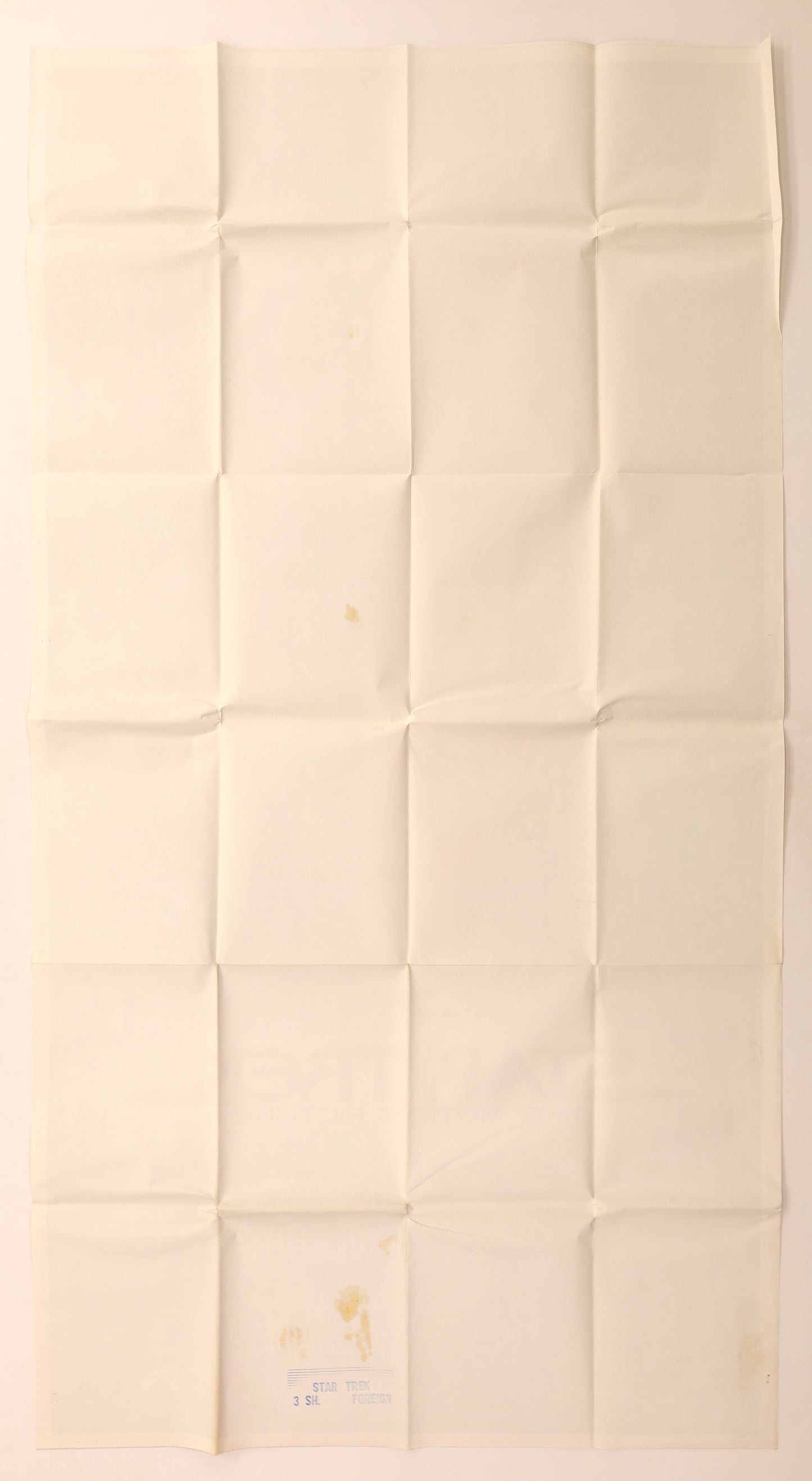 Reverse of the Star Trek: The Motion Picture 1979 international three sheet movie poster showing original fold lines, light age toning and scattered staining near the lower section.