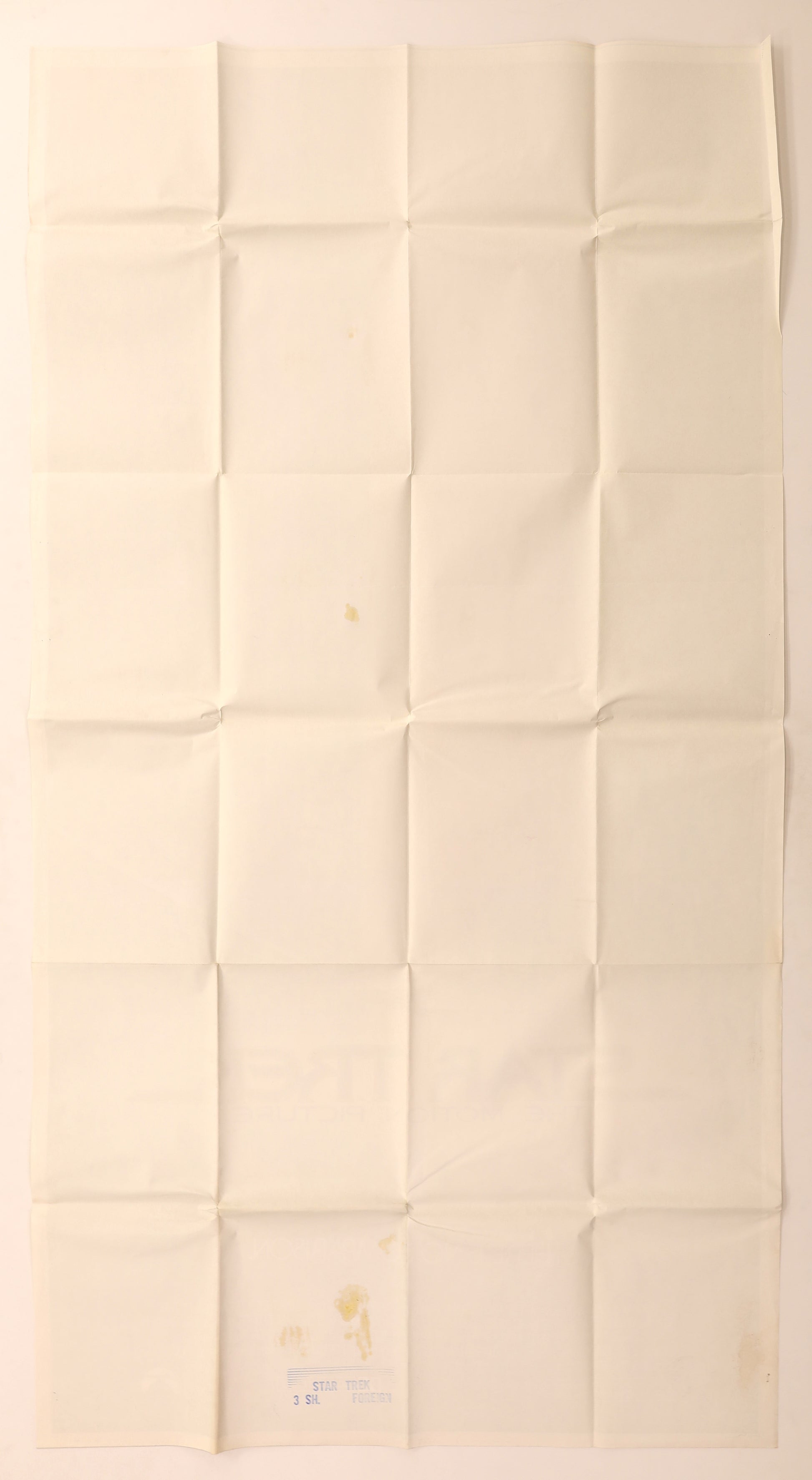 Reverse of the Star Trek: The Motion Picture 1979 international three sheet movie poster showing original fold lines, light age toning and scattered staining near the lower section.