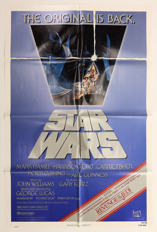 Original Star Wars (1977) 1982 U.S. re-release one sheet movie poster with blue artwork, Darth Vader imagery, the Star Wars logo, and “The Original Is Back” tagline.