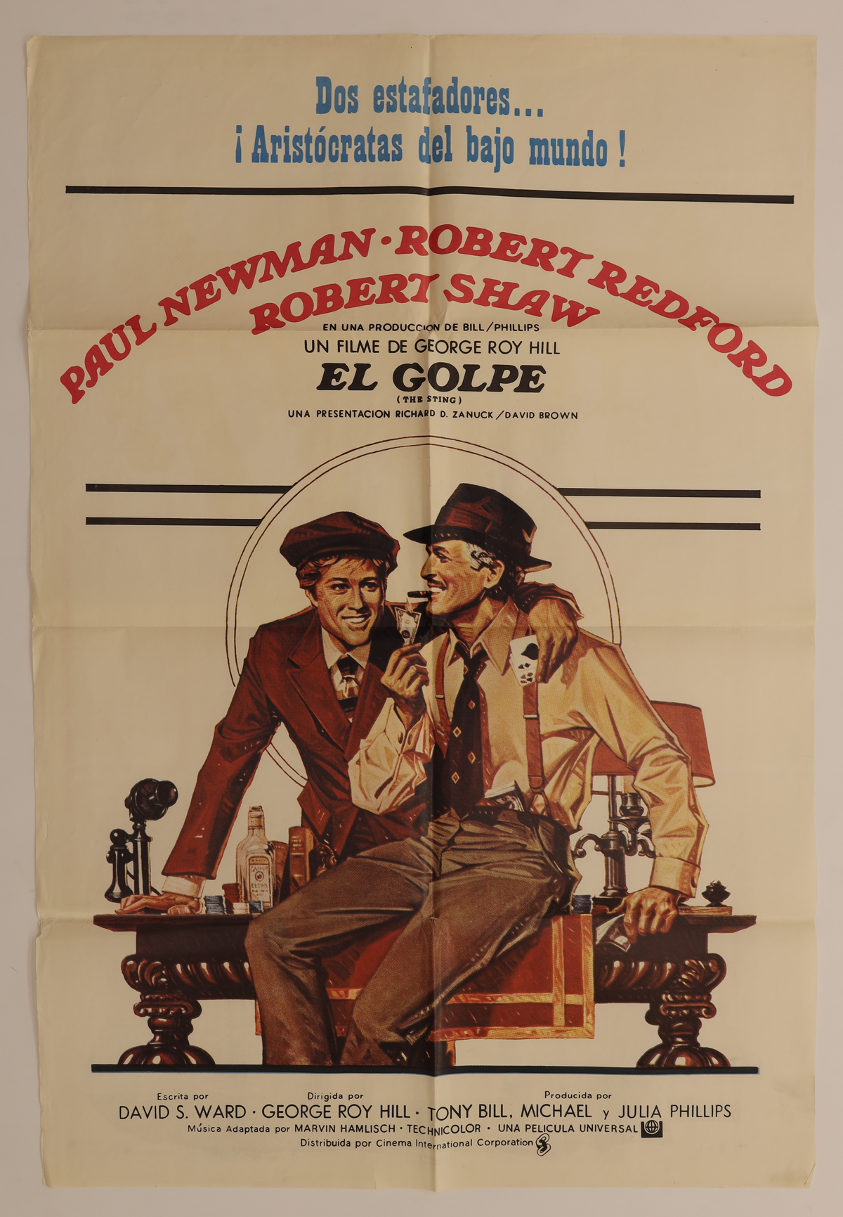 Original The Sting 1973 Argentinian one sheet movie poster featuring illustrated artwork of Paul Newman and Robert Redford with the Spanish title El Golpe.