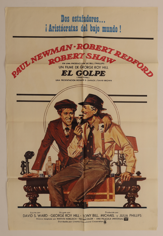Original The Sting 1973 Argentinian one sheet movie poster featuring illustrated artwork of Paul Newman and Robert Redford with the Spanish title El Golpe.
