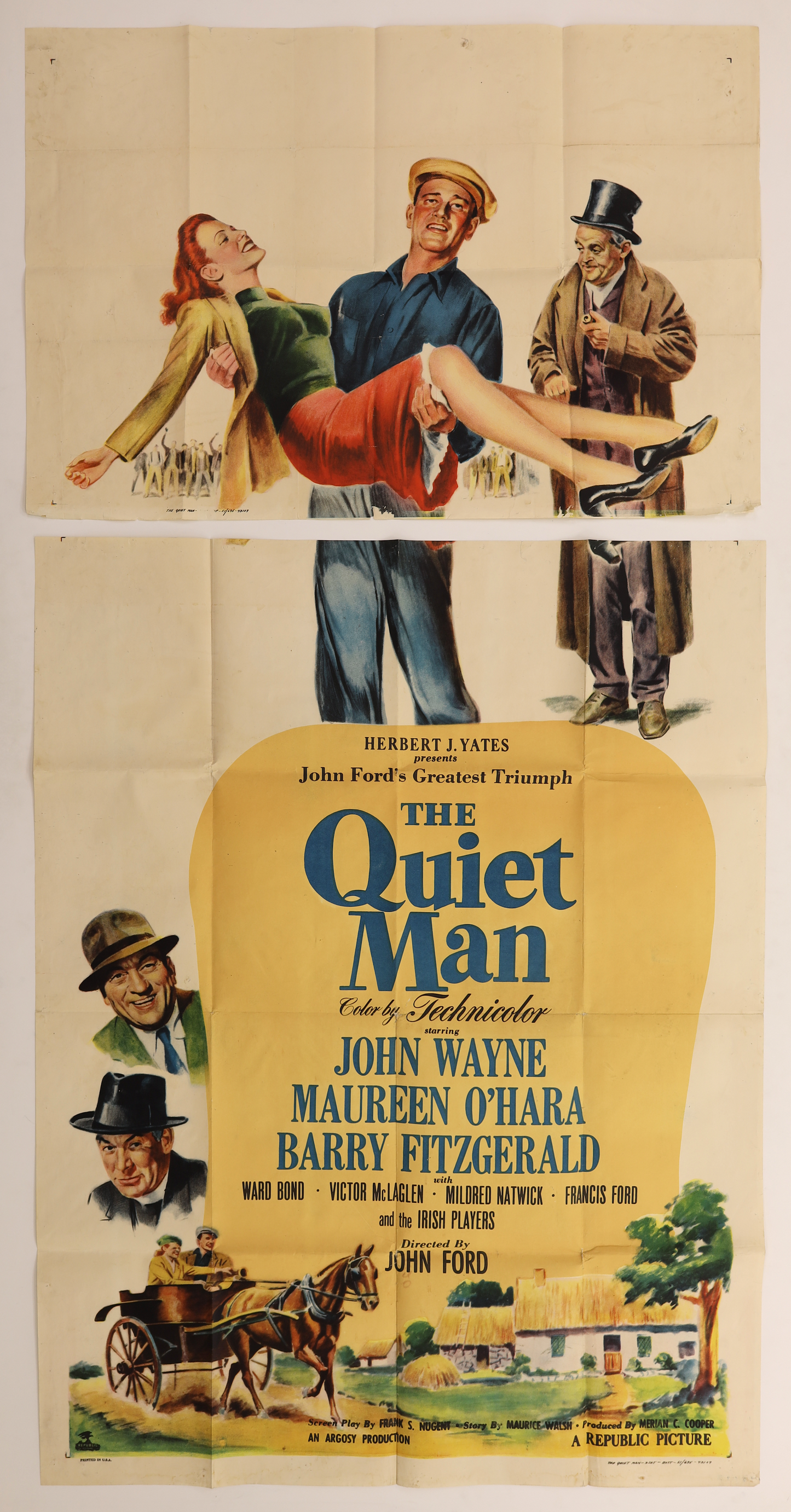 Original The Quiet Man 1952 three sheet movie poster featuring John Wayne and Maureen O’Hara in colorful illustrated artwork for the John Ford film.
