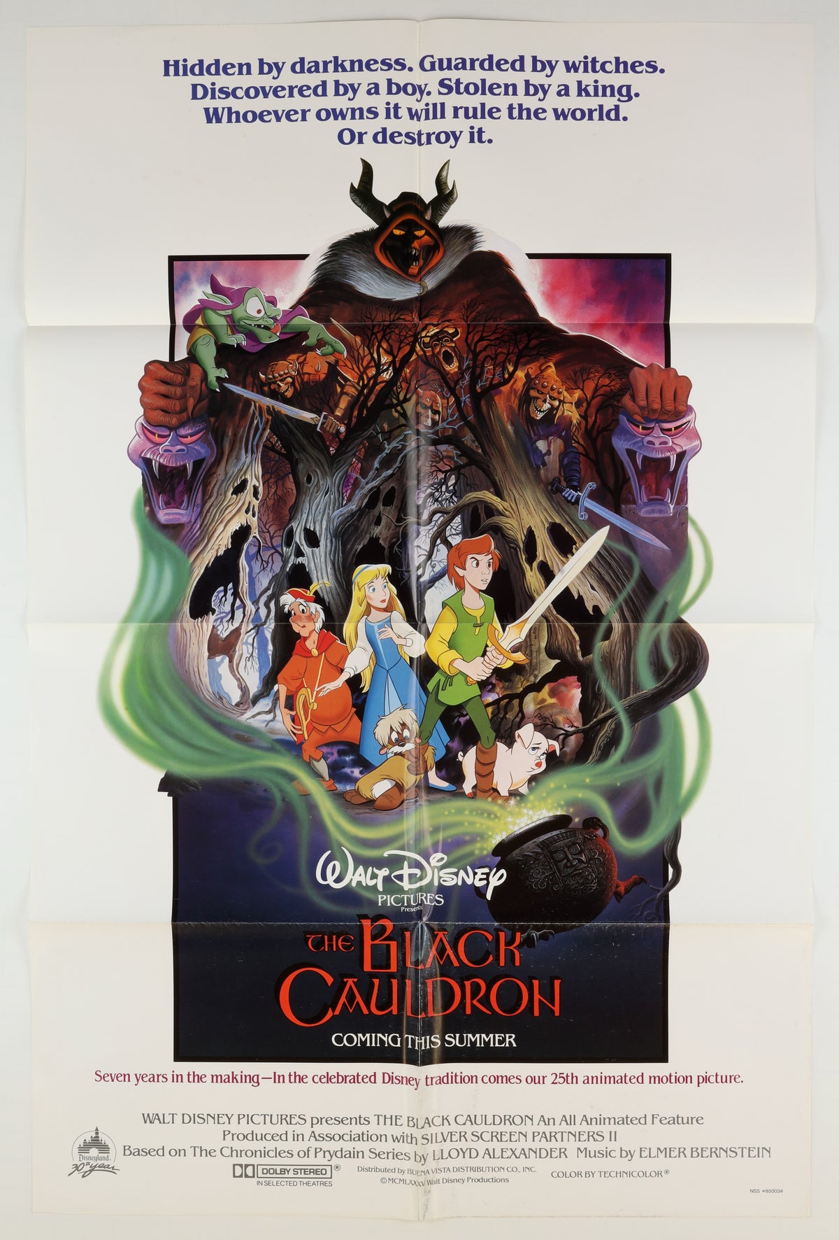 Front of the 1985 U.S. one sheet for The Black Cauldron, featuring Paul Wenzel artwork of the Horned King towering over Taran, Eilonwy, Gurgi, and their companions.
