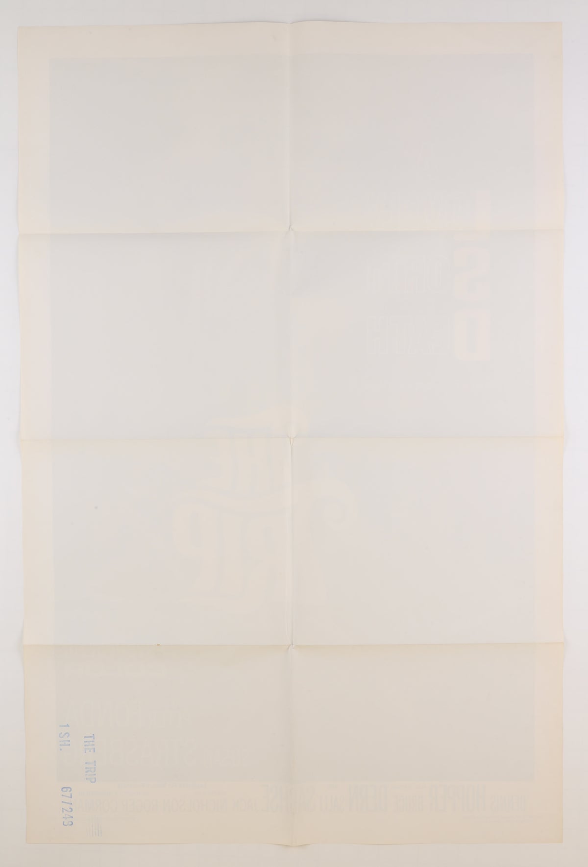Full reverse of the folded 1967 The Trip U.S. one sheet showing horizontal and vertical fold lines, light toning, bleed-through from the front artwork, and National Screen Service markings.
