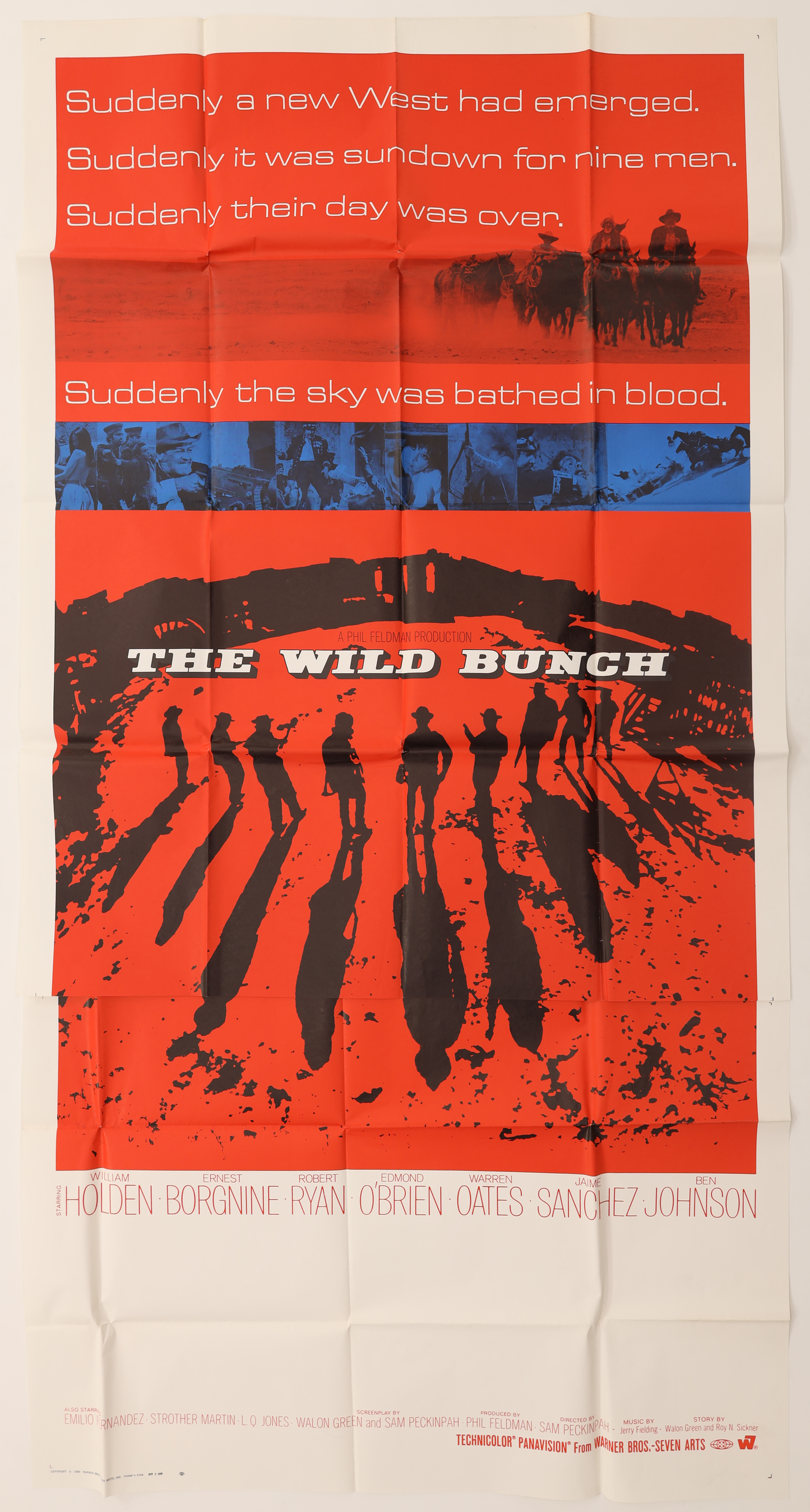 Original The Wild Bunch (1969) foreign three sheet movie poster featuring the red and black Western design with silhouetted gunmen.