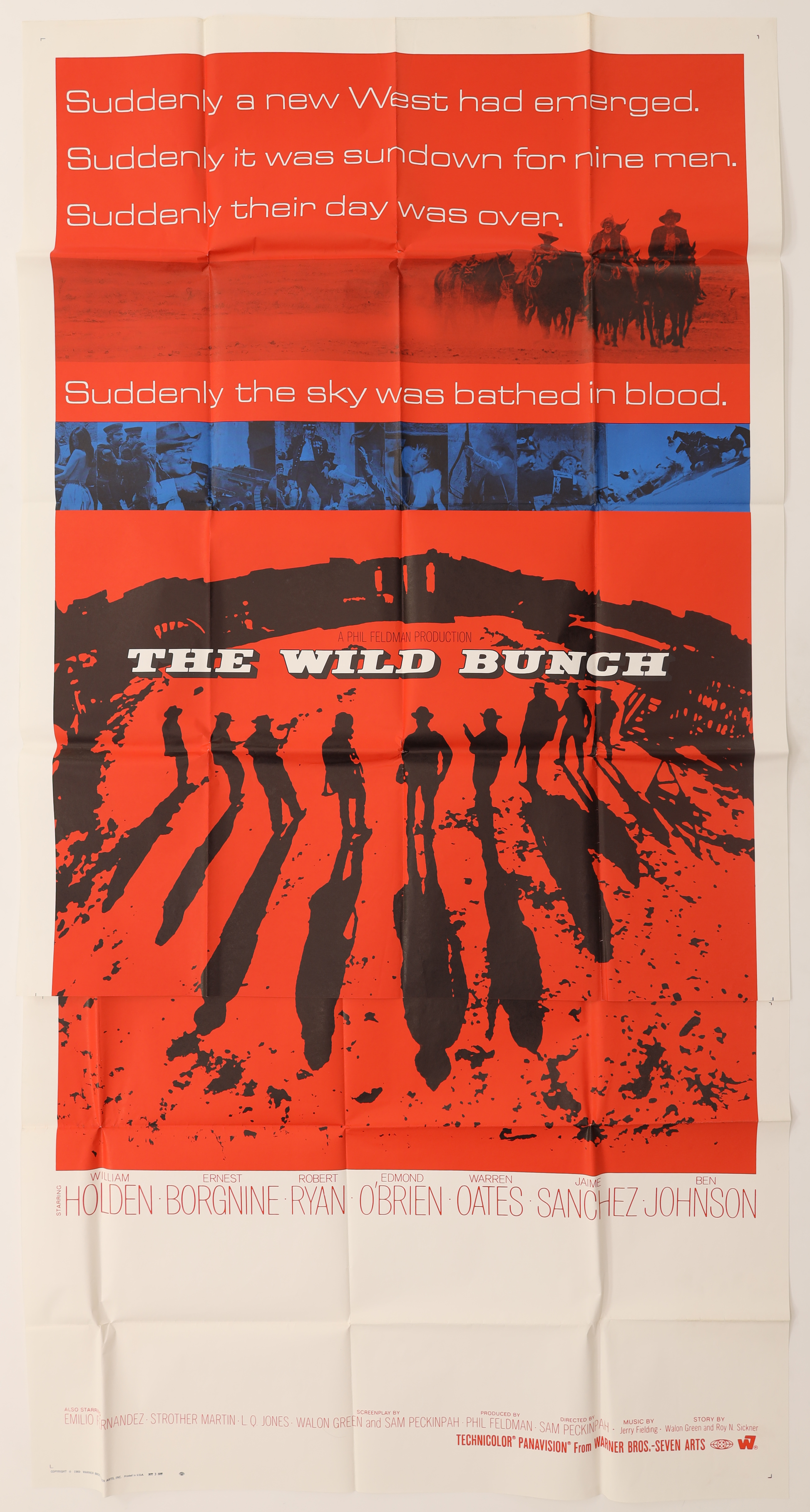 Original The Wild Bunch (1969) foreign three sheet movie poster featuring the red and black Western design with silhouetted gunmen.