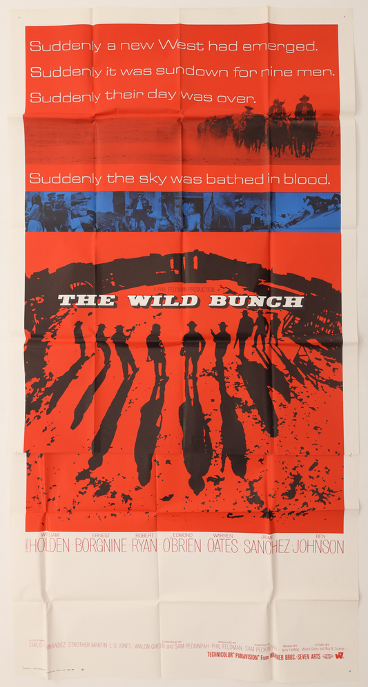 Original The Wild Bunch (1969) foreign three sheet movie poster featuring the red and black Western design with silhouetted gunmen.