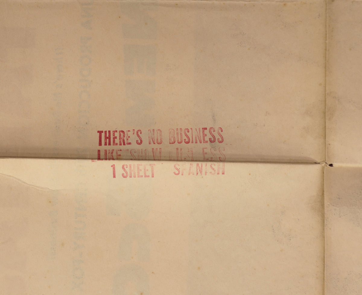Reverse detail of the There’s No Business Like Show Business Spanish one sheet poster showing the original “There’s No Business Like Show Business 1 Sheet Spanish” distribution stamp.