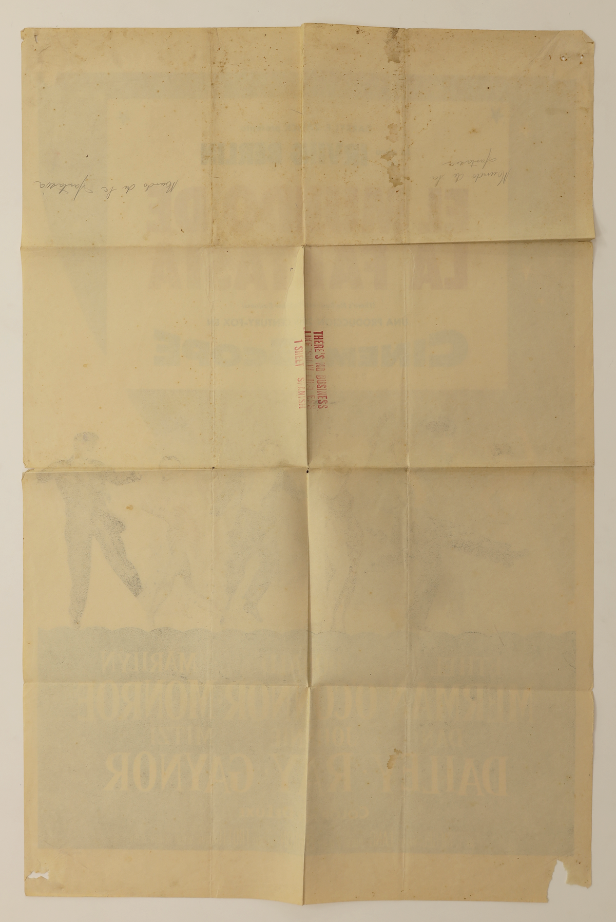Reverse of the There’s No Business Like Show Business Spanish one sheet poster showing original fold lines, age toning, spotting, handwritten markings and edge damage.