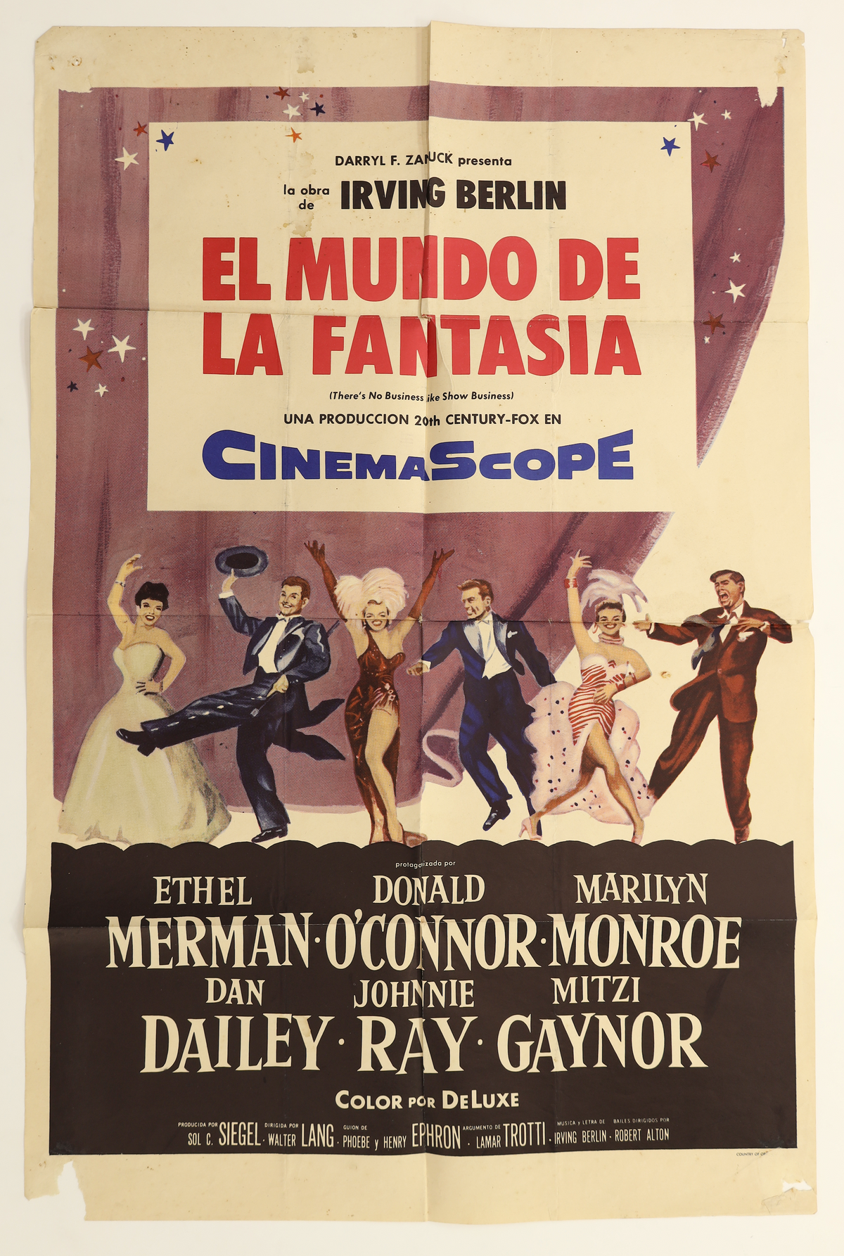 Original There’s No Business Like Show Business Spanish one sheet movie poster featuring Marilyn Monroe, Ethel Merman, Donald O’Connor, Dan Dailey, Johnnie Ray and Mitzi Gaynor with the Spanish title El Mundo de la Fantasía.