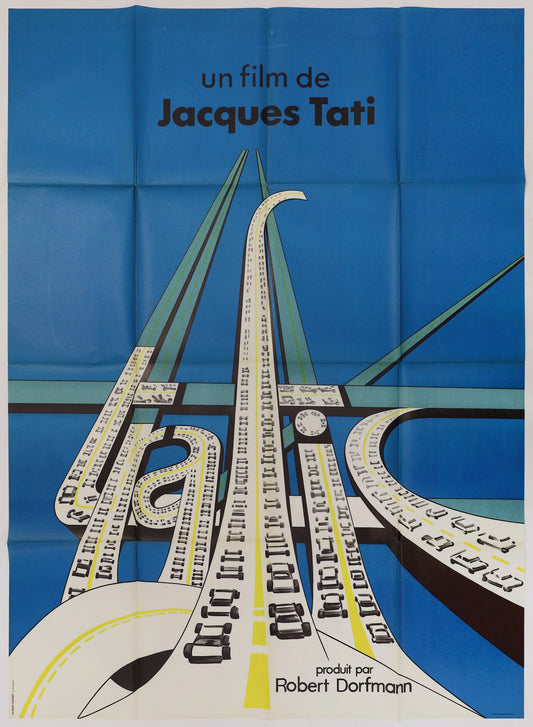 Front view of French Traffic Grande movie poster featuring Jacques Tati and graphic road artwork