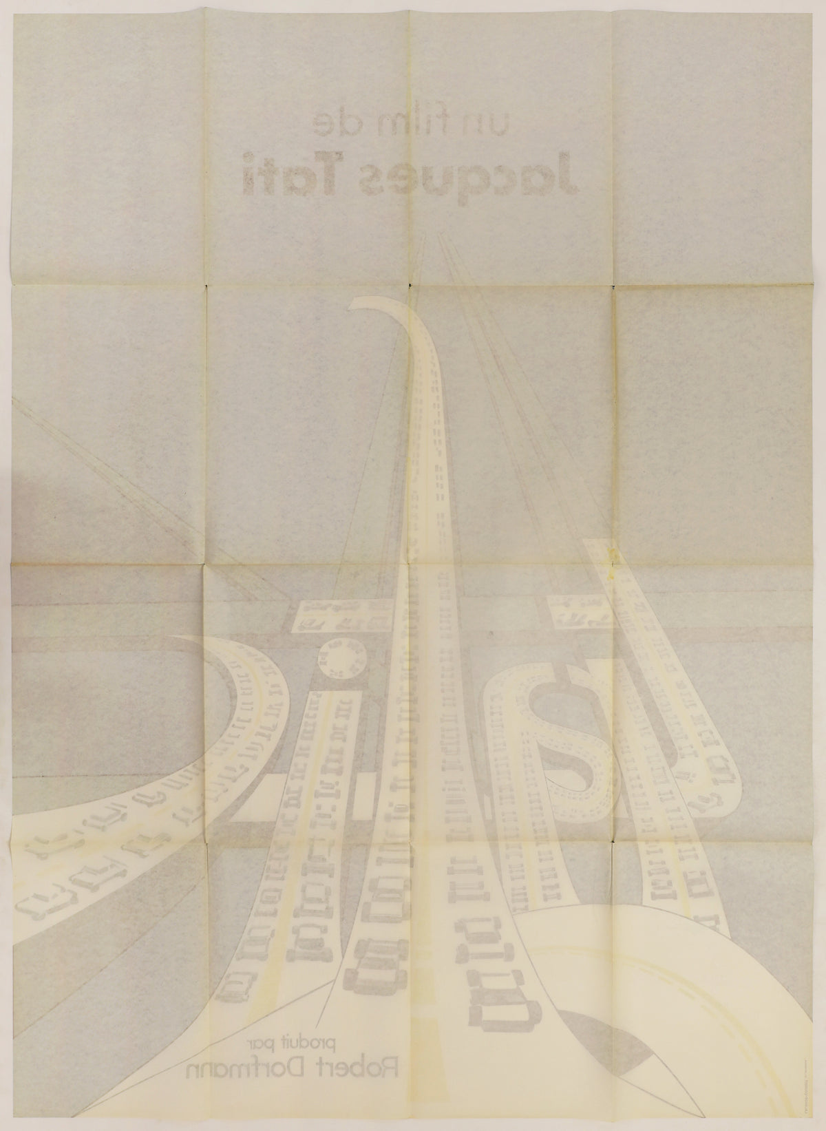 Back of French Traffic movie poster showing extensive original fold lines and image bleed-through