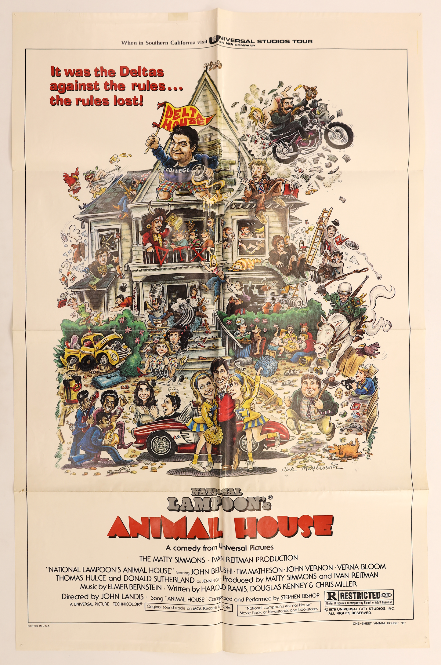 Original Animal House (1978) U.S. Style B one sheet movie poster featuring Rick Meyerowitz artwork of the Delta House and characters from the film.