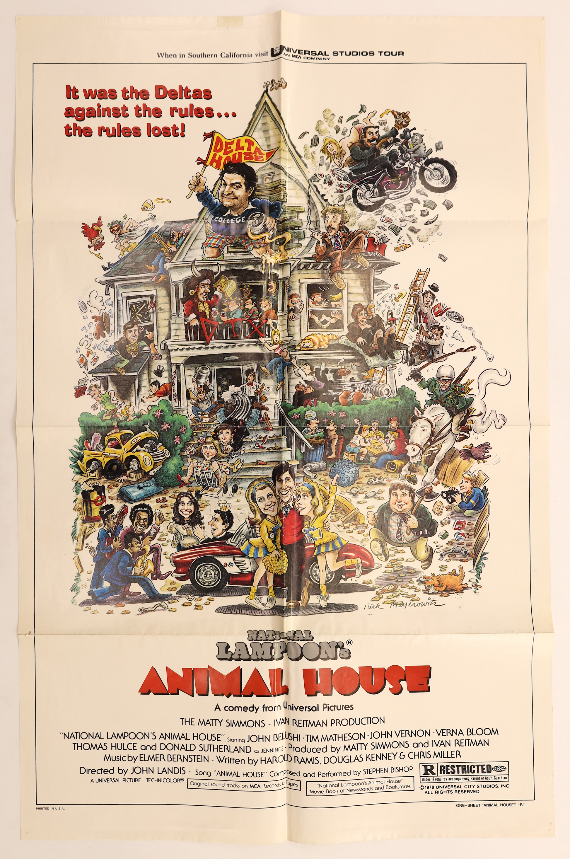 Original Animal House (1978) U.S. Style B one sheet movie poster featuring Rick Meyerowitz artwork of the Delta House and characters from the film.