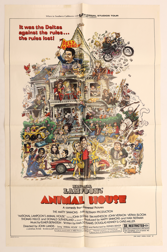 Original Animal House (1978) U.S. Style B one sheet movie poster featuring Rick Meyerowitz artwork of the Delta House and characters from the film.