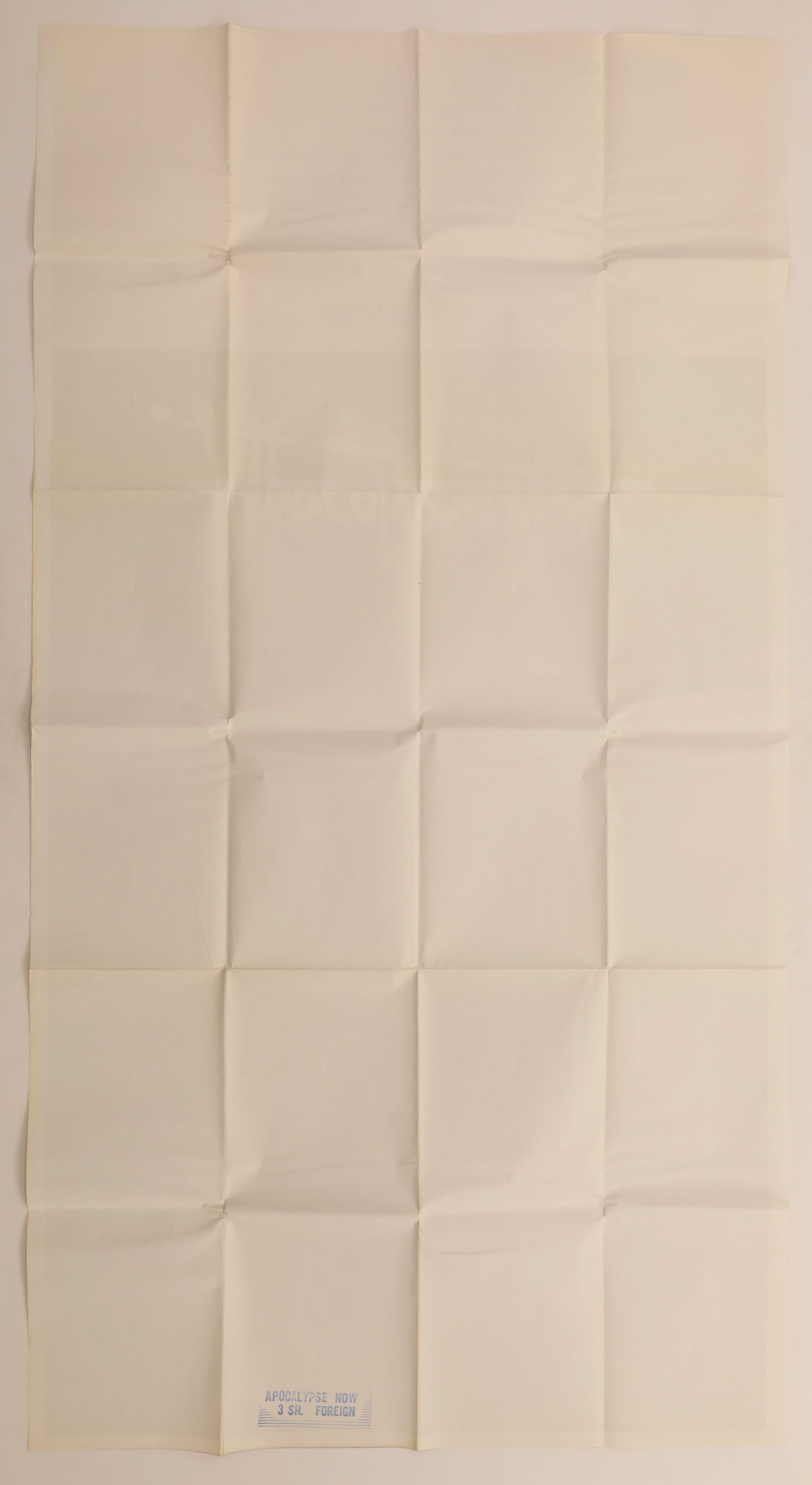 Reverse of an original Apocalypse Now 1979 international three sheet movie poster showing its original fold pattern and light age-related wear.