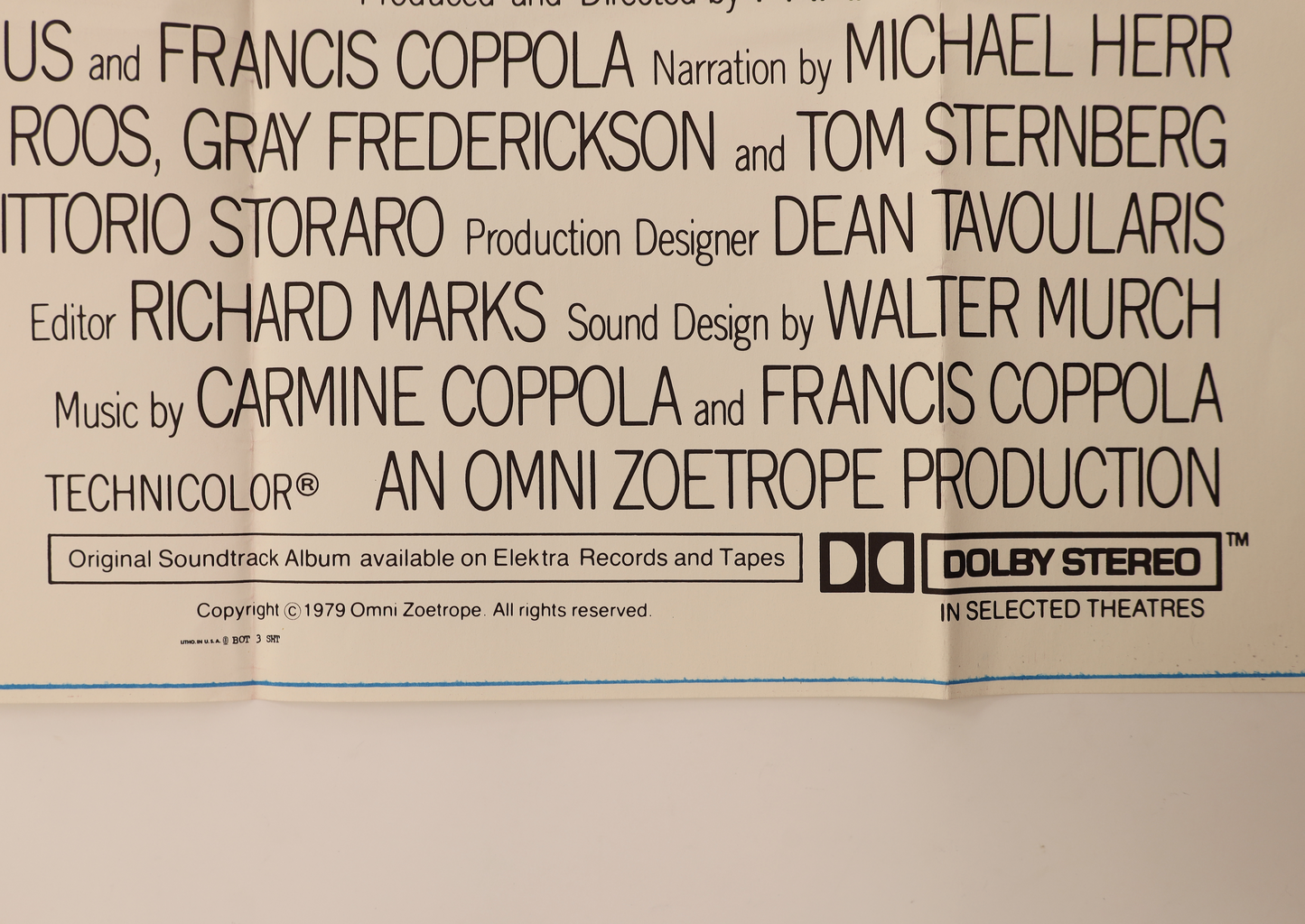 Detail of Apocalypse Now 1979 international three sheet poster showing the lower credits, 1979 Omni Zoetrope copyright and Dolby Stereo markings.