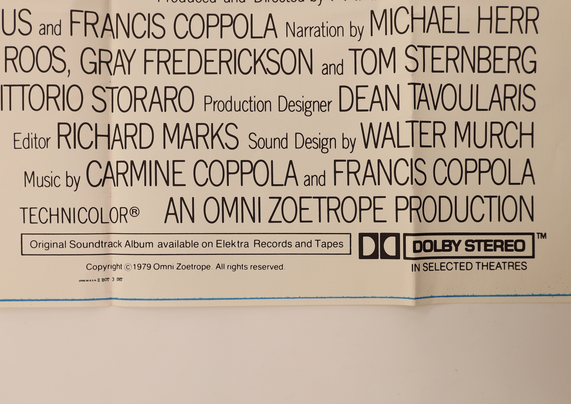 Detail of Apocalypse Now 1979 international three sheet poster showing the lower credits, 1979 Omni Zoetrope copyright and Dolby Stereo markings.