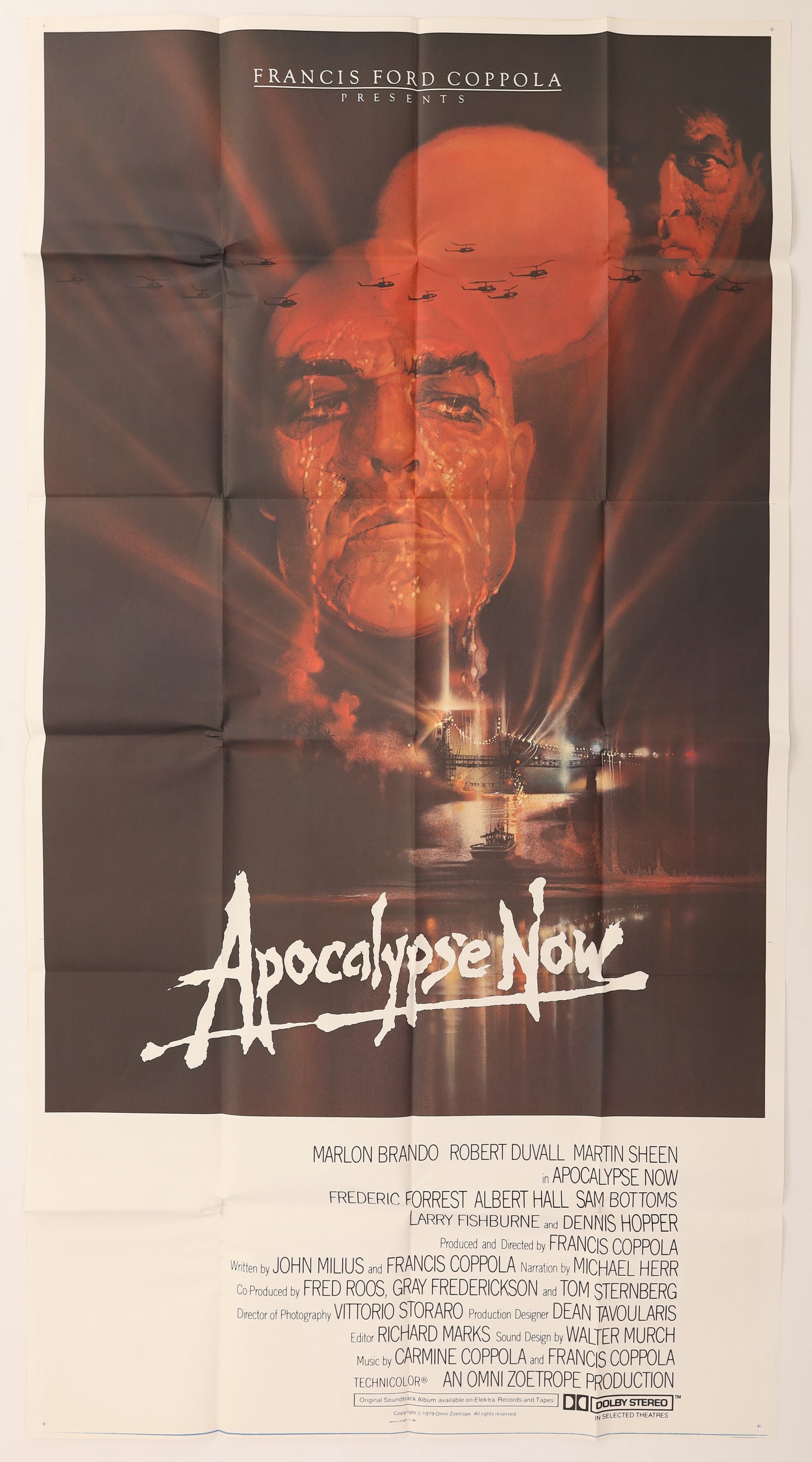 Original Apocalypse Now 1979 international three sheet movie poster featuring Marlon Brando artwork, helicopters and the film’s iconic title design.