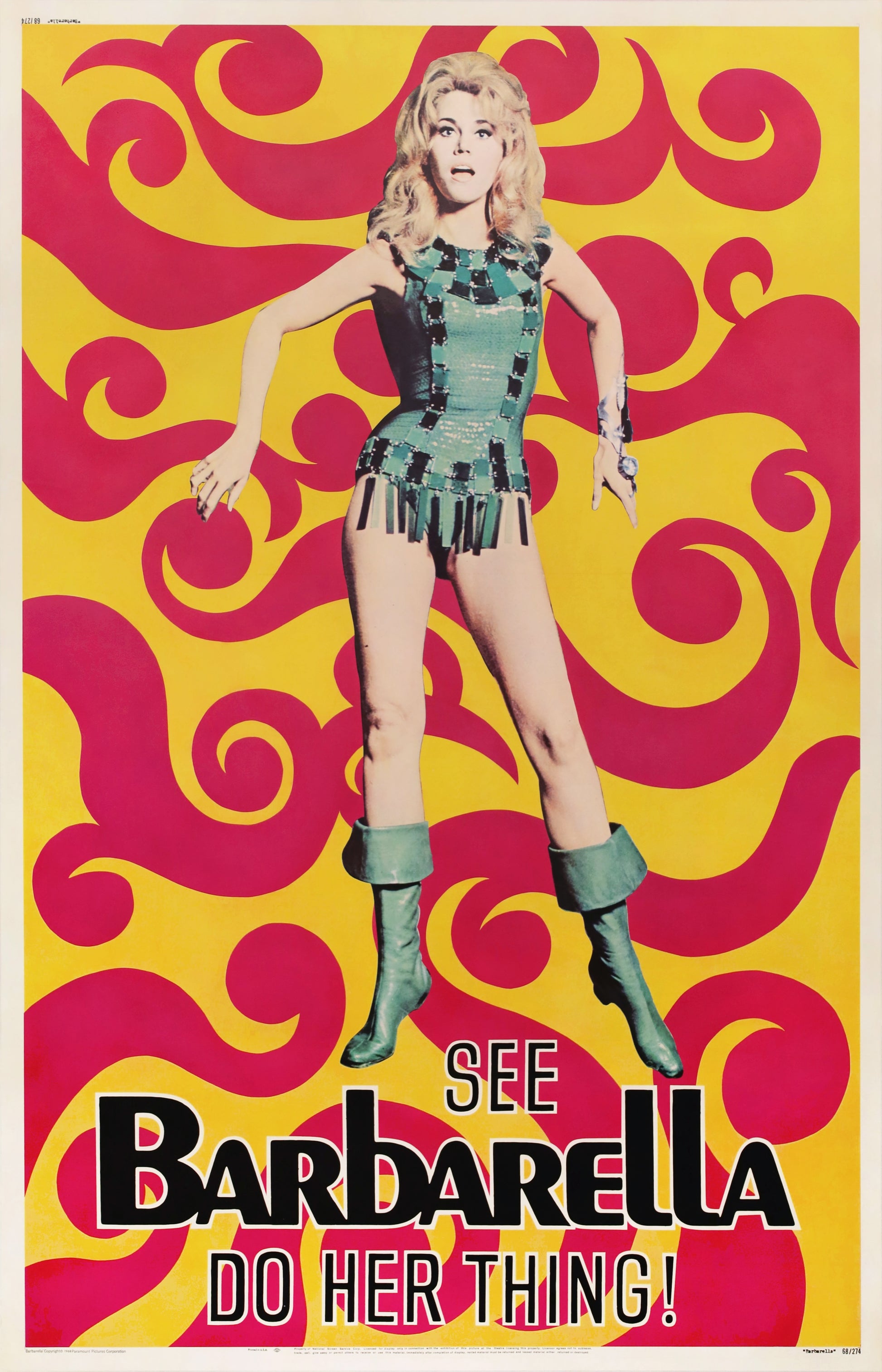 Original 1968 Barbarella U.S. 40x60 movie poster featuring Jane Fonda in the iconic teaser design.