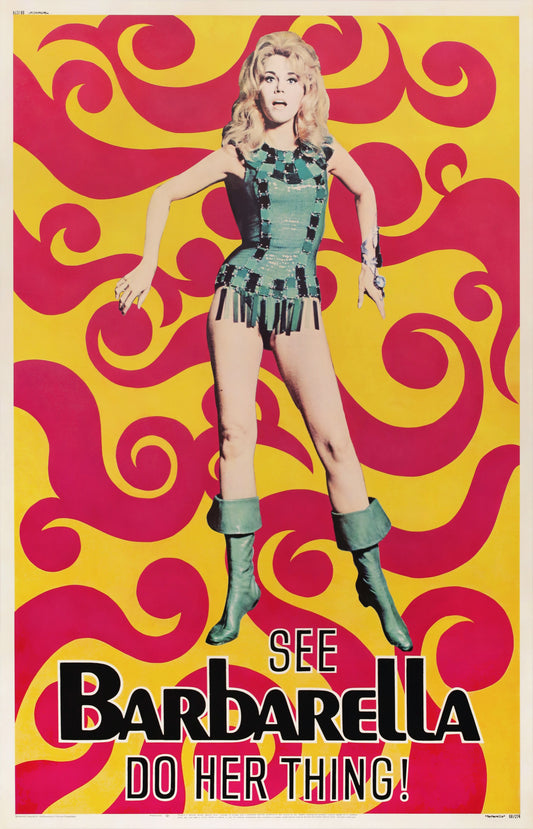 Original 1968 Barbarella U.S. 40x60 movie poster featuring Jane Fonda in the iconic teaser design.