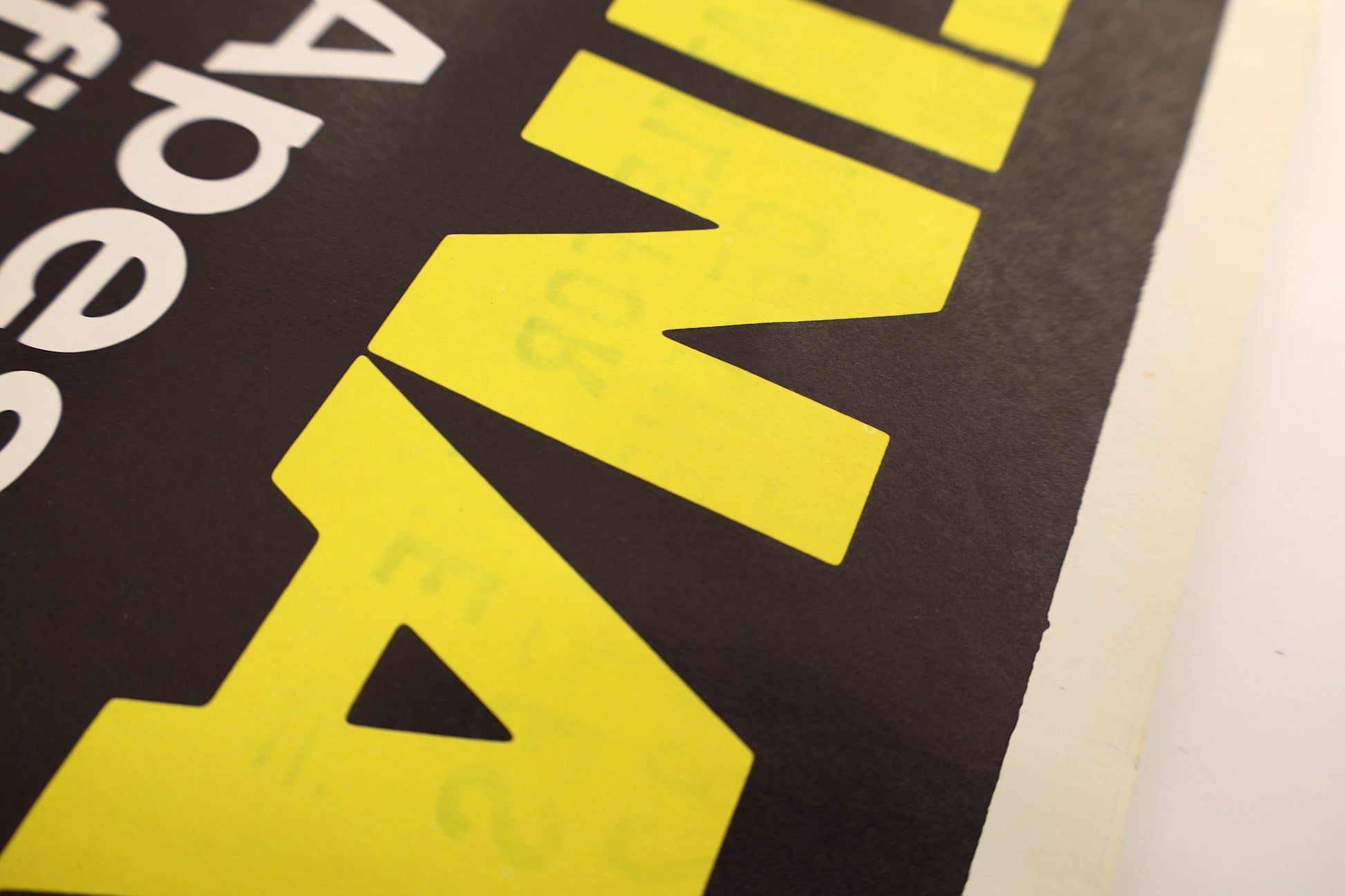 Front detail of the Battle for the Planet of the Apes 1973 three sheet poster showing faint bleed-through from the reverse distribution stamp within the yellow title area.