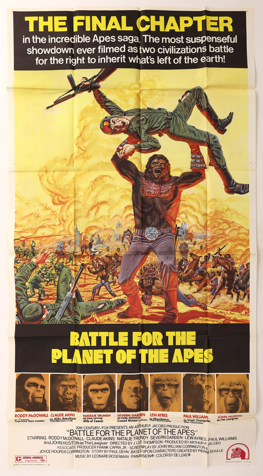 Original Battle for the Planet of the Apes 1973 international three sheet movie poster featuring Caesar holding a soldier above a large battle scene with bold yellow and black artwork.
