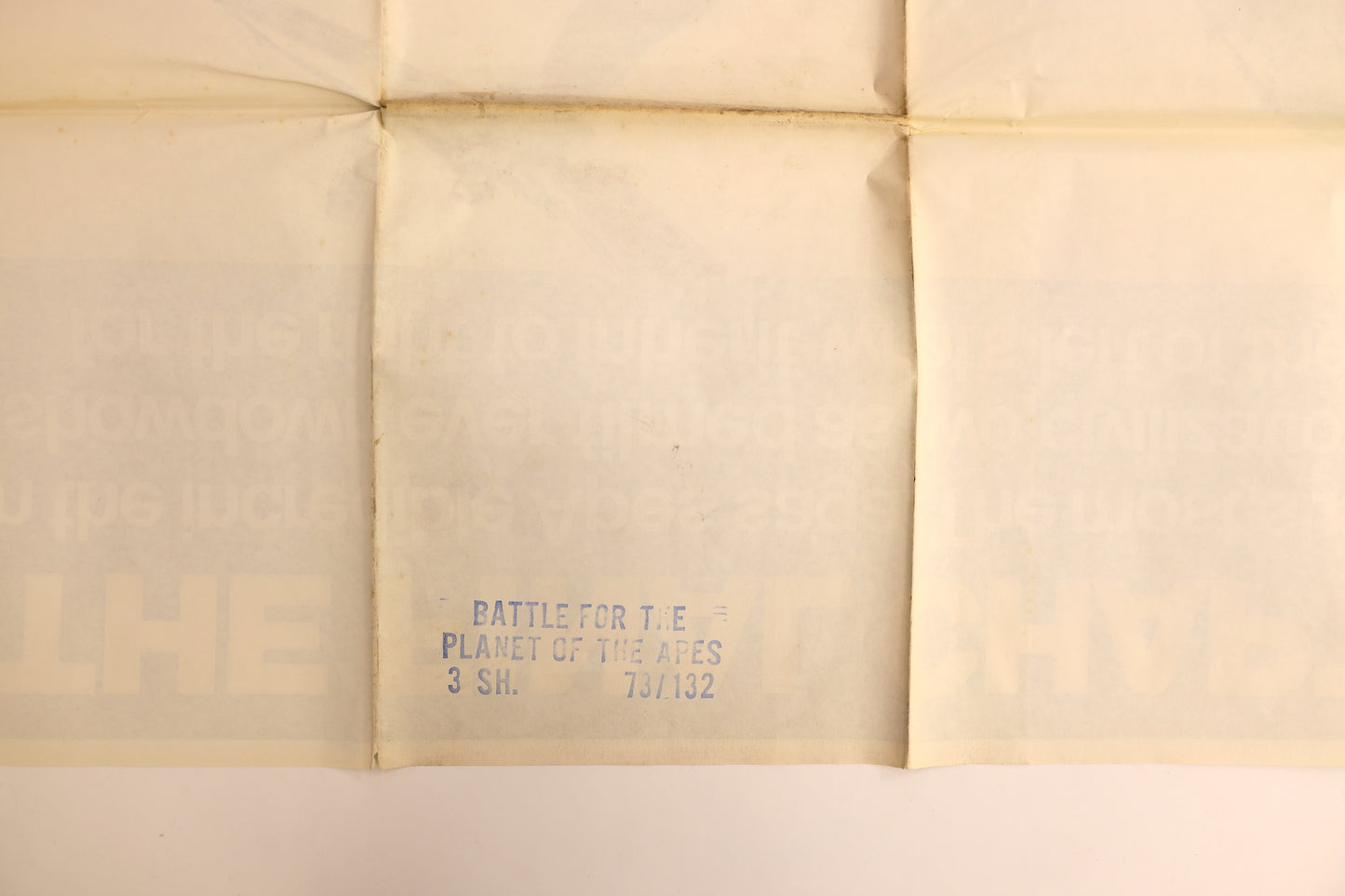 Reverse detail of the Battle for the Planet of the Apes 1973 international three sheet poster showing the original “BATTLE FOR THE PLANET OF THE APES 3 SH. 73/132” distribution stamp.