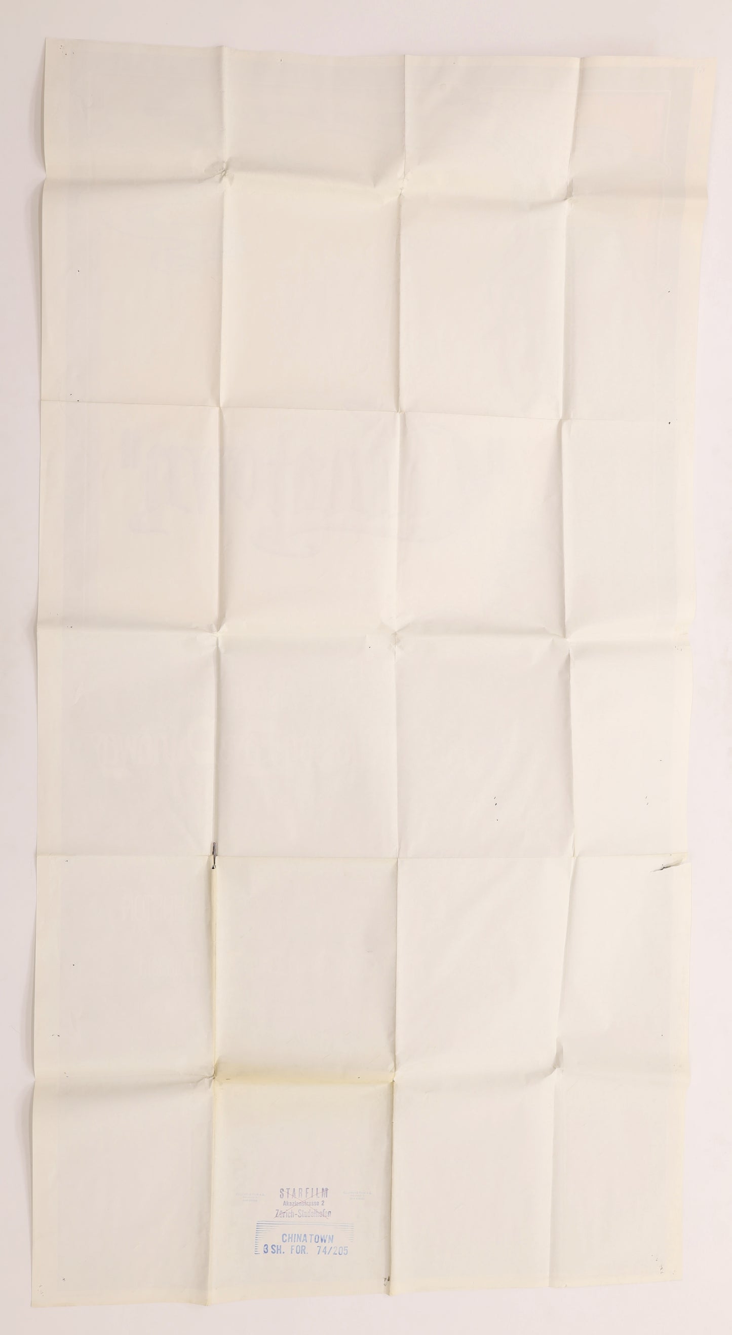 Back of original Chinatown (1974) international three sheet movie poster showing original fold lines, minor edge wear, and distributor markings.
