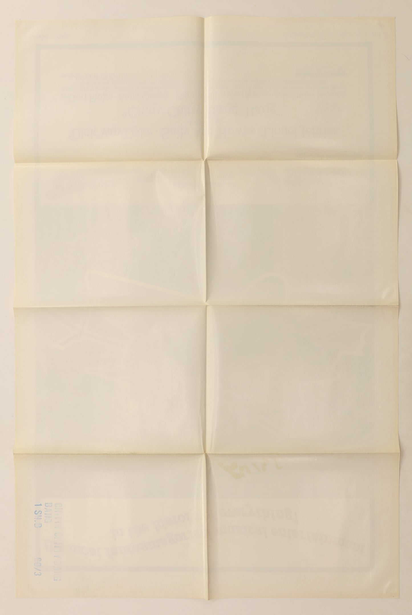 Back of original Chitty Chitty Bang Bang (1968) U.S. one sheet movie poster showing original fold lines, light age toning, and a distributor stamp near the lower left.