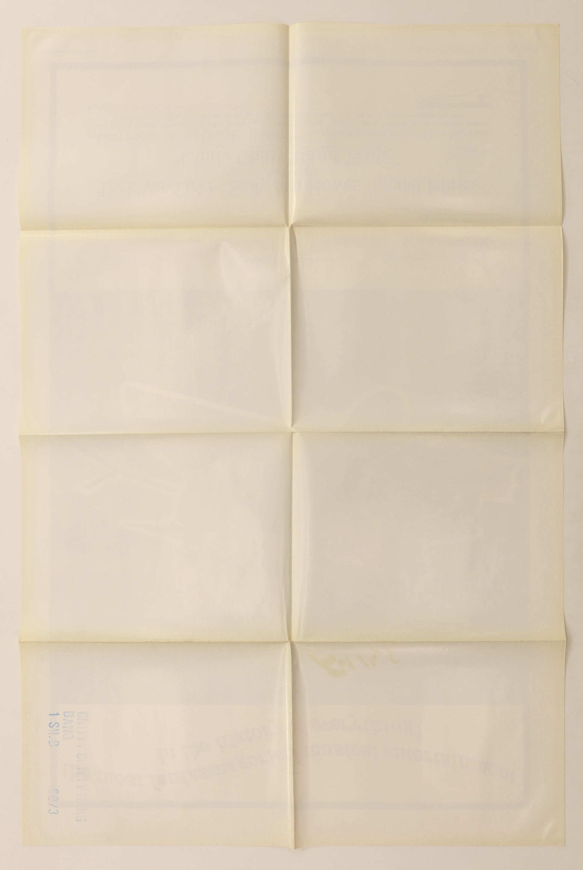 Back of original Chitty Chitty Bang Bang (1968) U.S. one sheet movie poster showing original fold lines, light age toning, and a distributor stamp near the lower left.