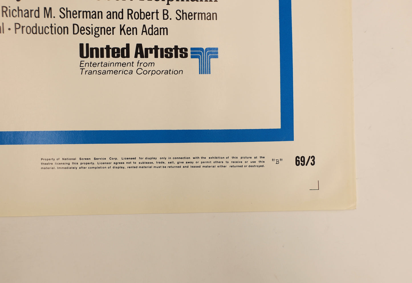 Detail of Chitty Chitty Bang Bang (1968) one sheet poster showing the United Artists logo, National Screen Service notice, and NSS number 69/3.