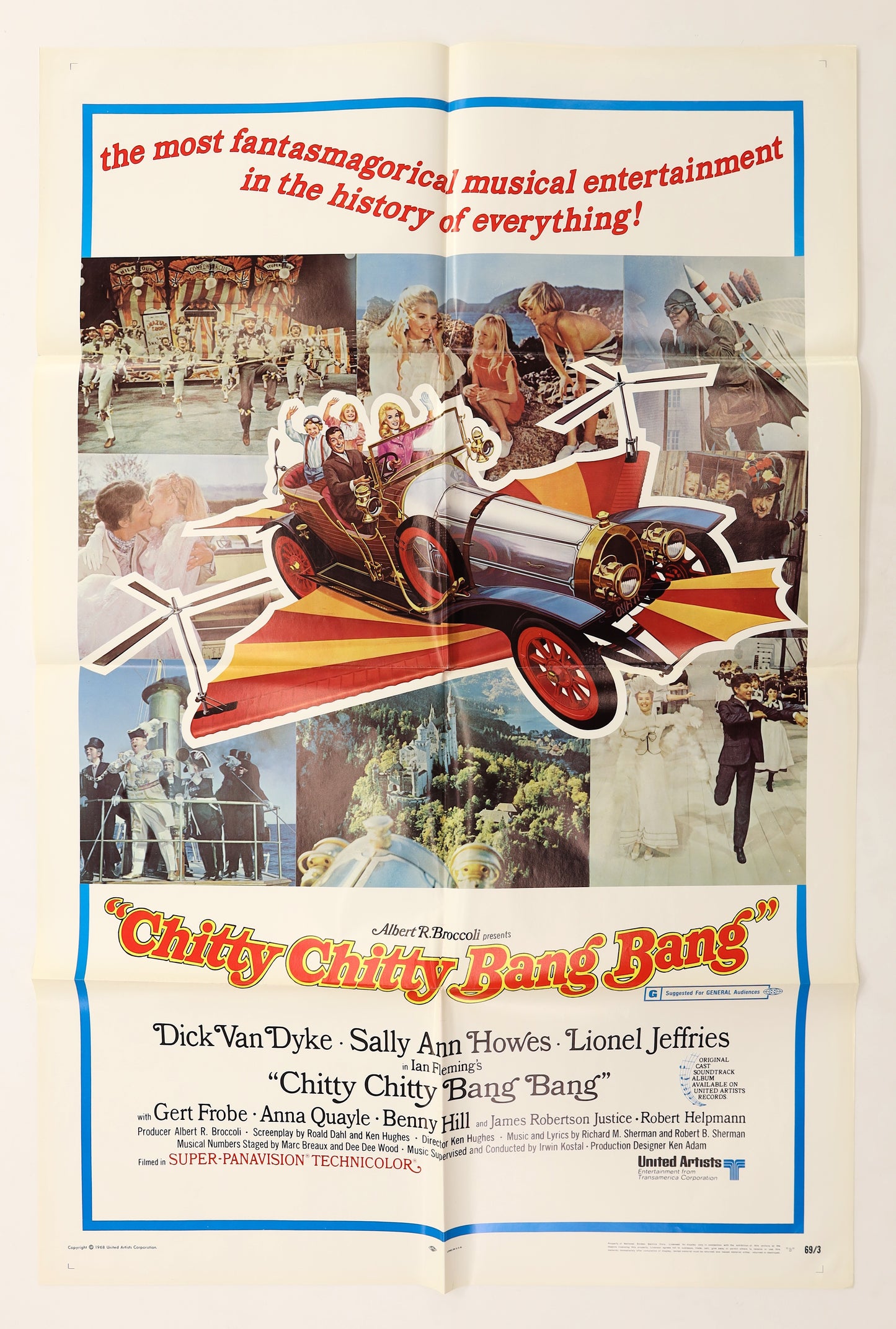 Original Chitty Chitty Bang Bang (1968) U.S. one sheet movie poster featuring the flying car surrounded by colorful scenes from the film and cast credits.