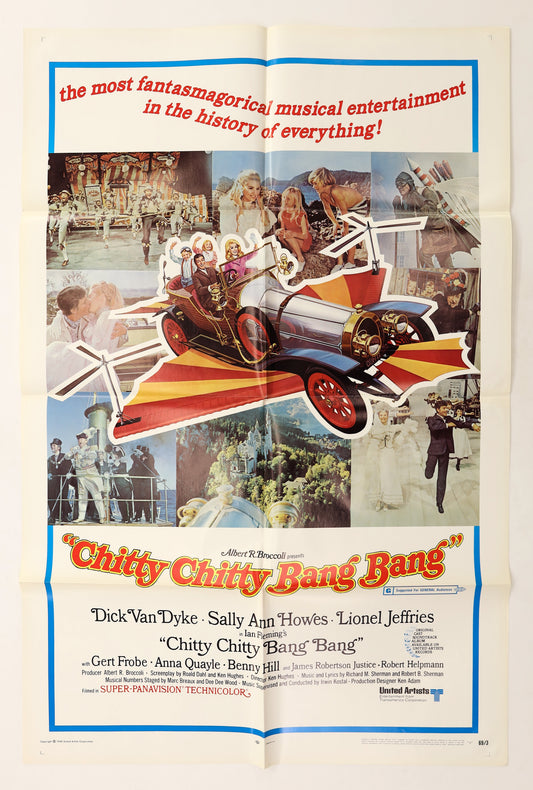 Original Chitty Chitty Bang Bang (1968) U.S. one sheet movie poster featuring the flying car surrounded by colorful scenes from the film and cast credits.