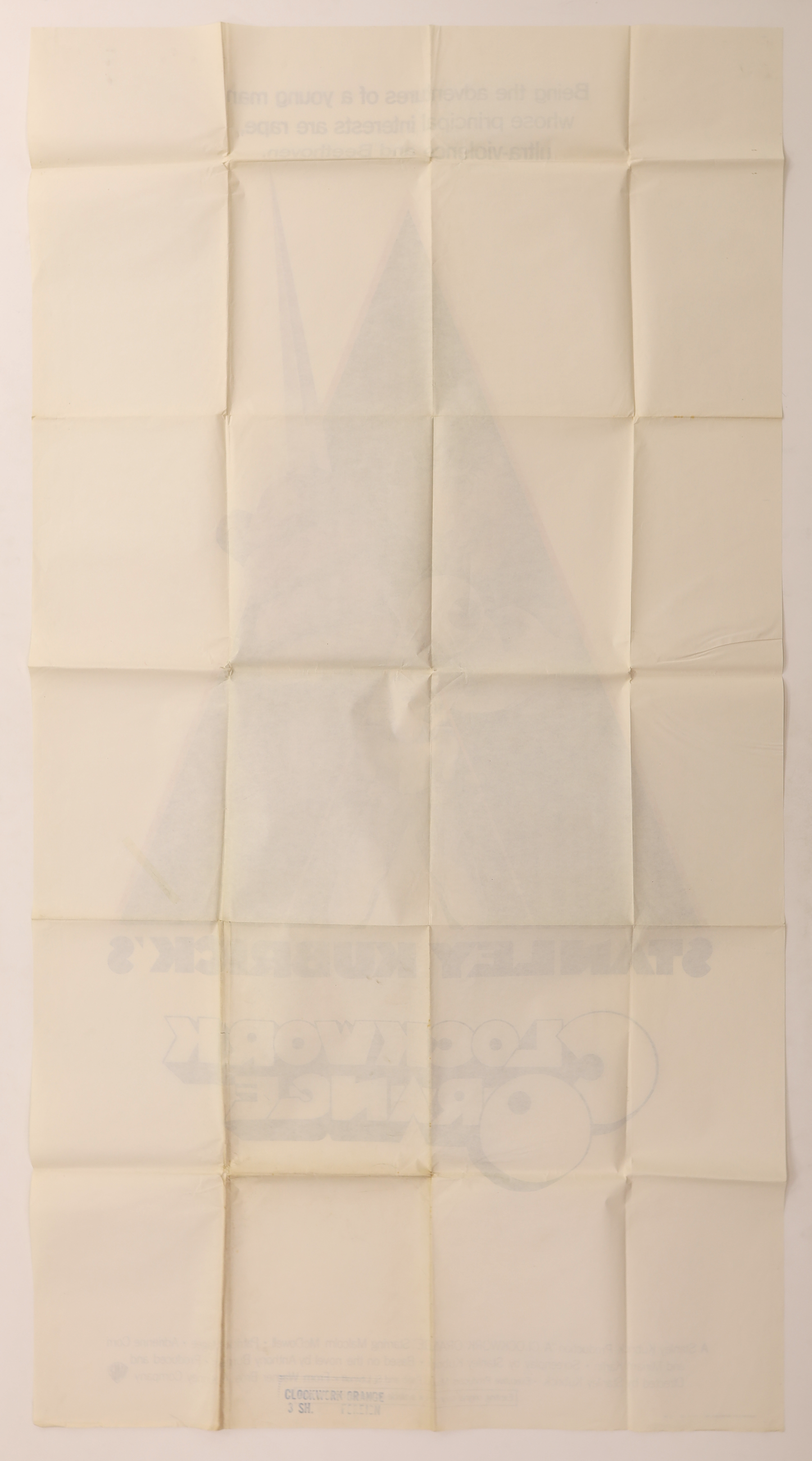 Reverse of an original A Clockwork Orange 1971 international three sheet movie poster showing fold lines, age toning and printing visible through the paper.