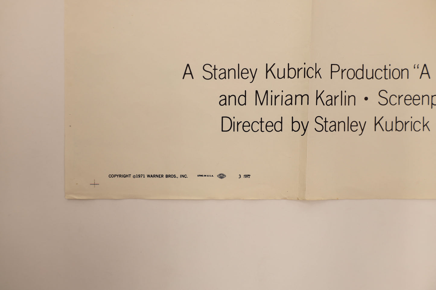 Detail of A Clockwork Orange 1971 three sheet poster showing Warner Bros. copyright, Litho in U.S.A. marking and 3 SHT designation.