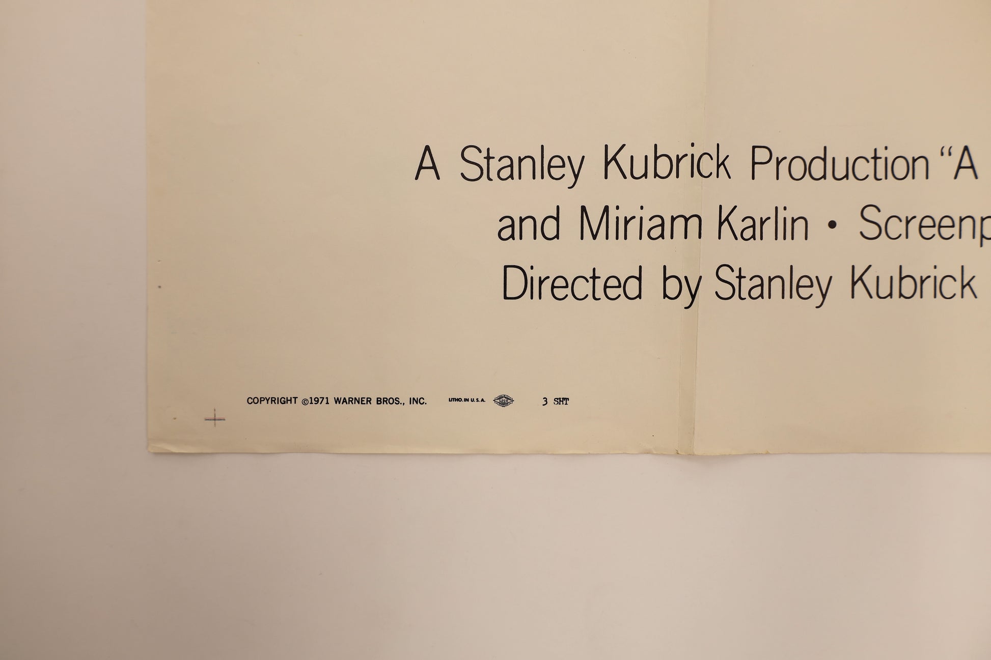 Detail of A Clockwork Orange 1971 three sheet poster showing Warner Bros. copyright, Litho in U.S.A. marking and 3 SHT designation.