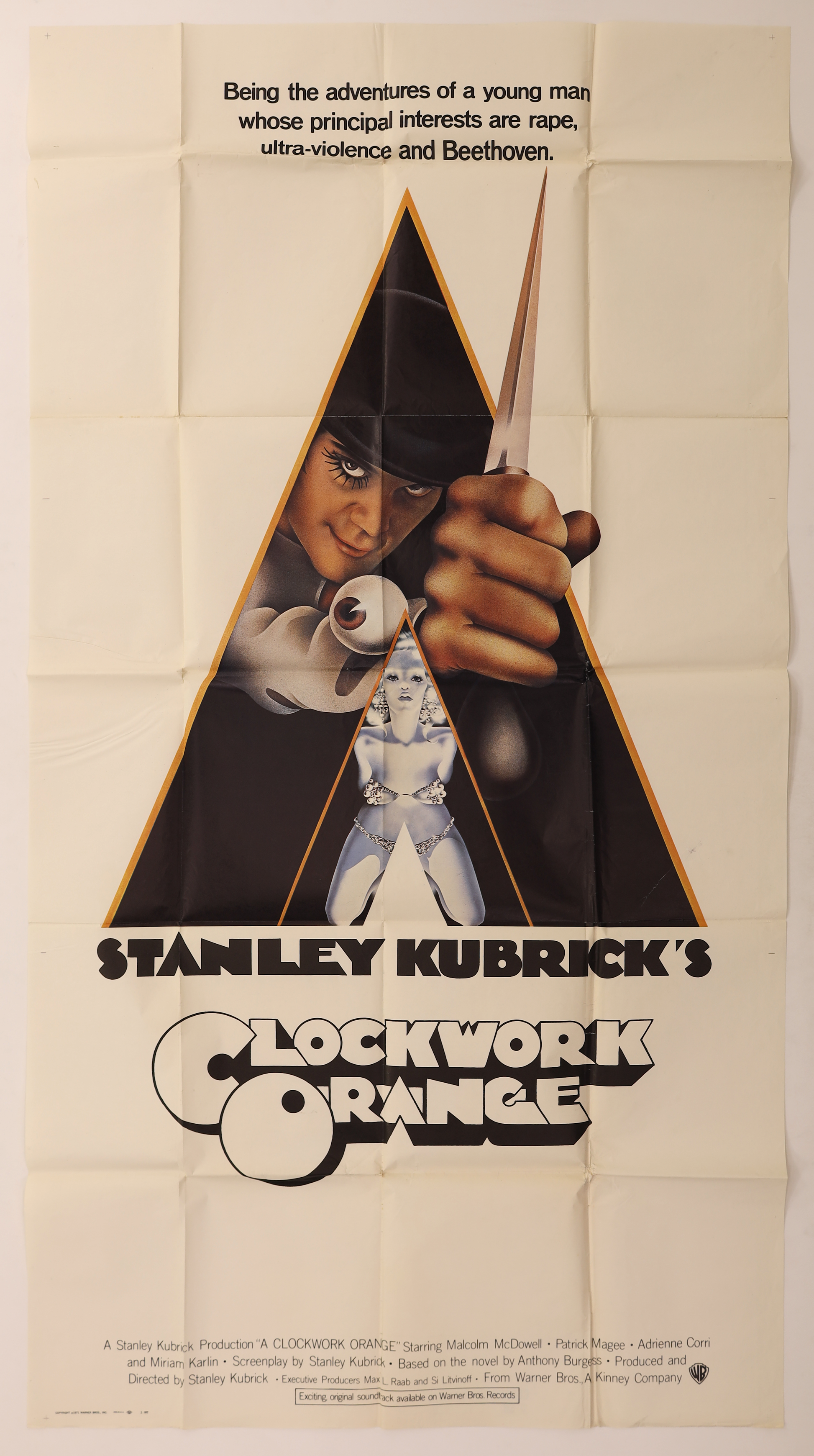 Original A Clockwork Orange 1971 international three sheet movie poster featuring Philip Castle artwork and Stanley Kubrick film credits.