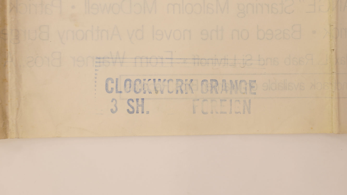 Reverse detail of A Clockwork Orange three sheet poster showing the original CLOCKWORK ORANGE 3 SH. FOREIGN distribution stamp.