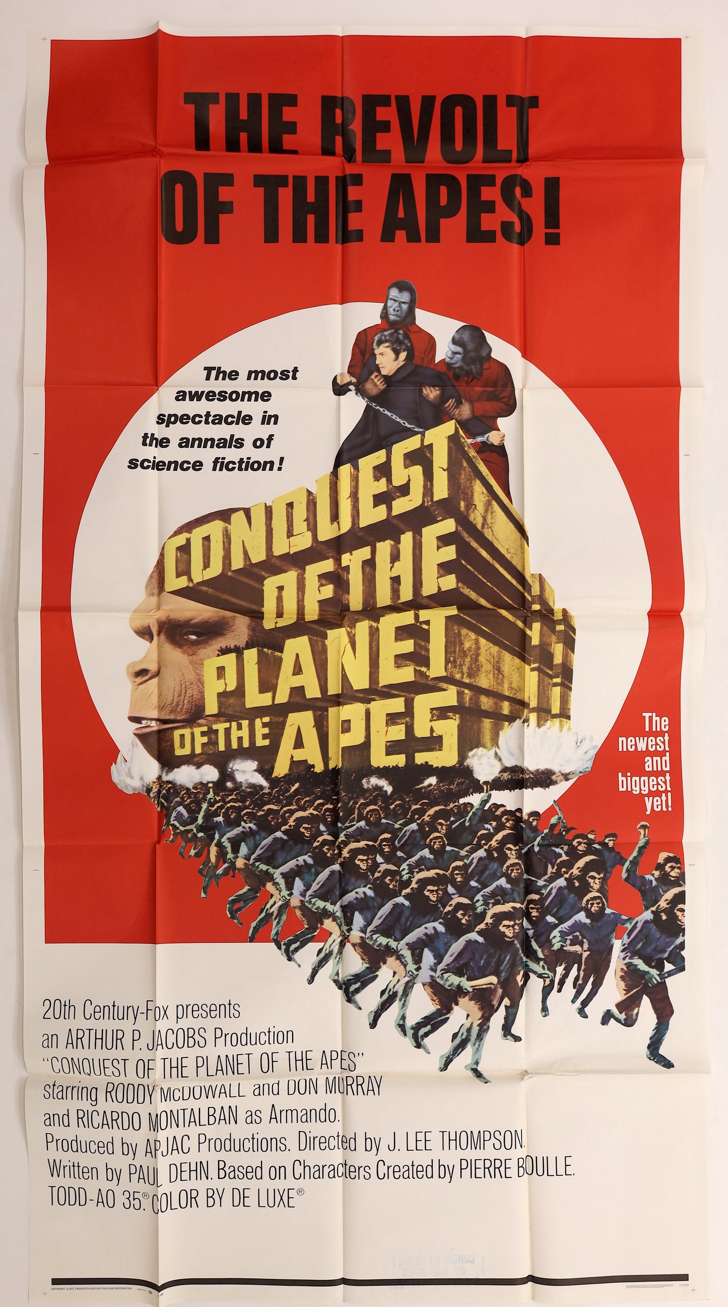 Original Conquest of the Planet of the Apes 1972 international three sheet movie poster featuring Caesar, ape revolution imagery and bold red artwork.