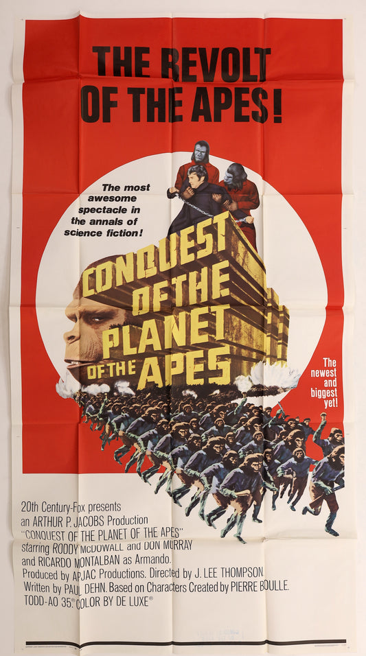 Original Conquest of the Planet of the Apes 1972 international three sheet movie poster featuring Caesar, ape revolution imagery and bold red artwork.