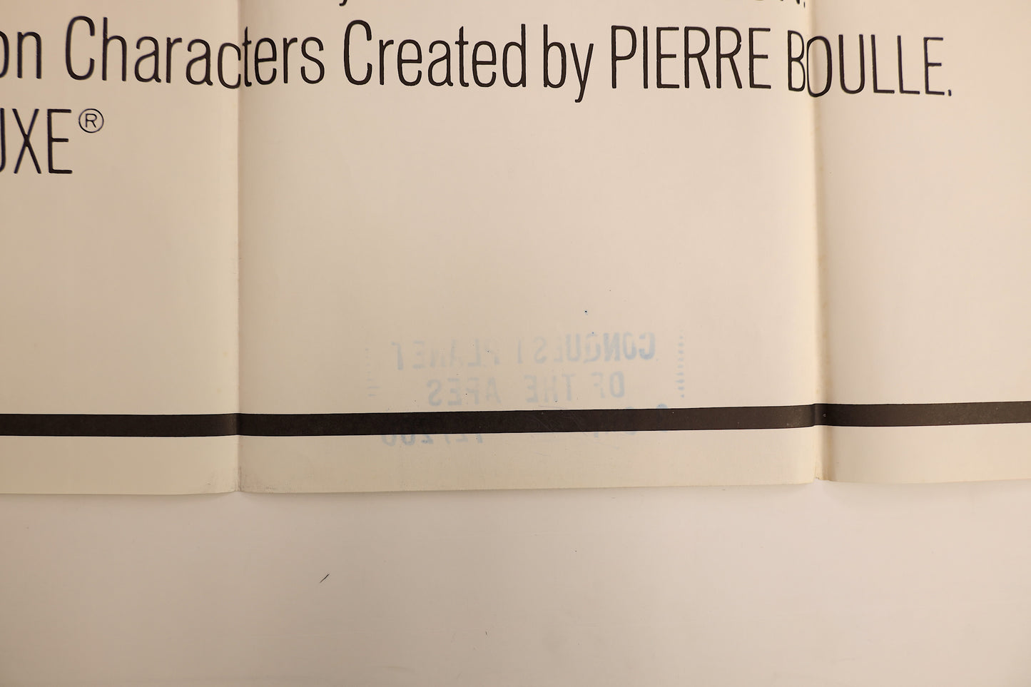 Front detail of the Conquest of the Planet of the Apes 1972 three sheet poster showing faint bleed-through from the reverse distribution stamp near the lower edge.