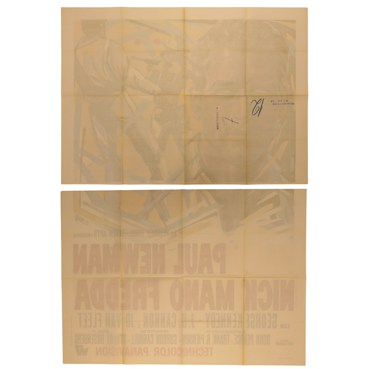 Full reverse view showing extensive fold lines, overall toning, bleed-through from the front artwork, and handwritten blue-ink markings.