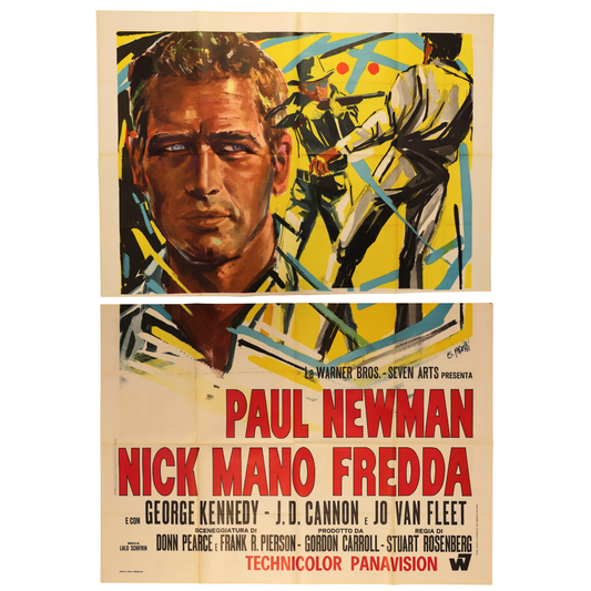Full front view of the Italian Nick Mano Fredda poster featuring Paul Newman’s portrait, prison imagery, large red title lettering, and cast and production credits.