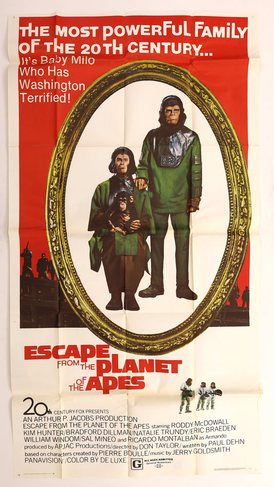 Original Escape from the Planet of the Apes 1971 international three sheet movie poster featuring Roddy McDowall, Kim Hunter and the ape family framed against a red background.