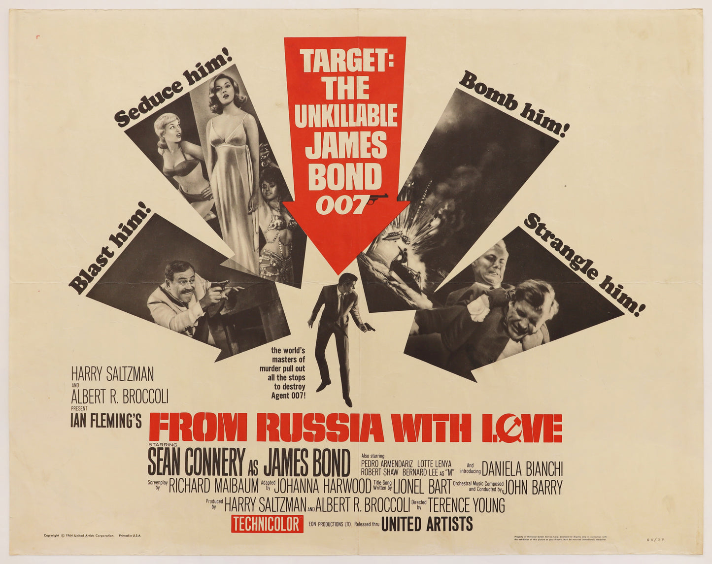 Original 1963 From Russia With Love half sheet movie poster starring Sean Connery as James Bond.