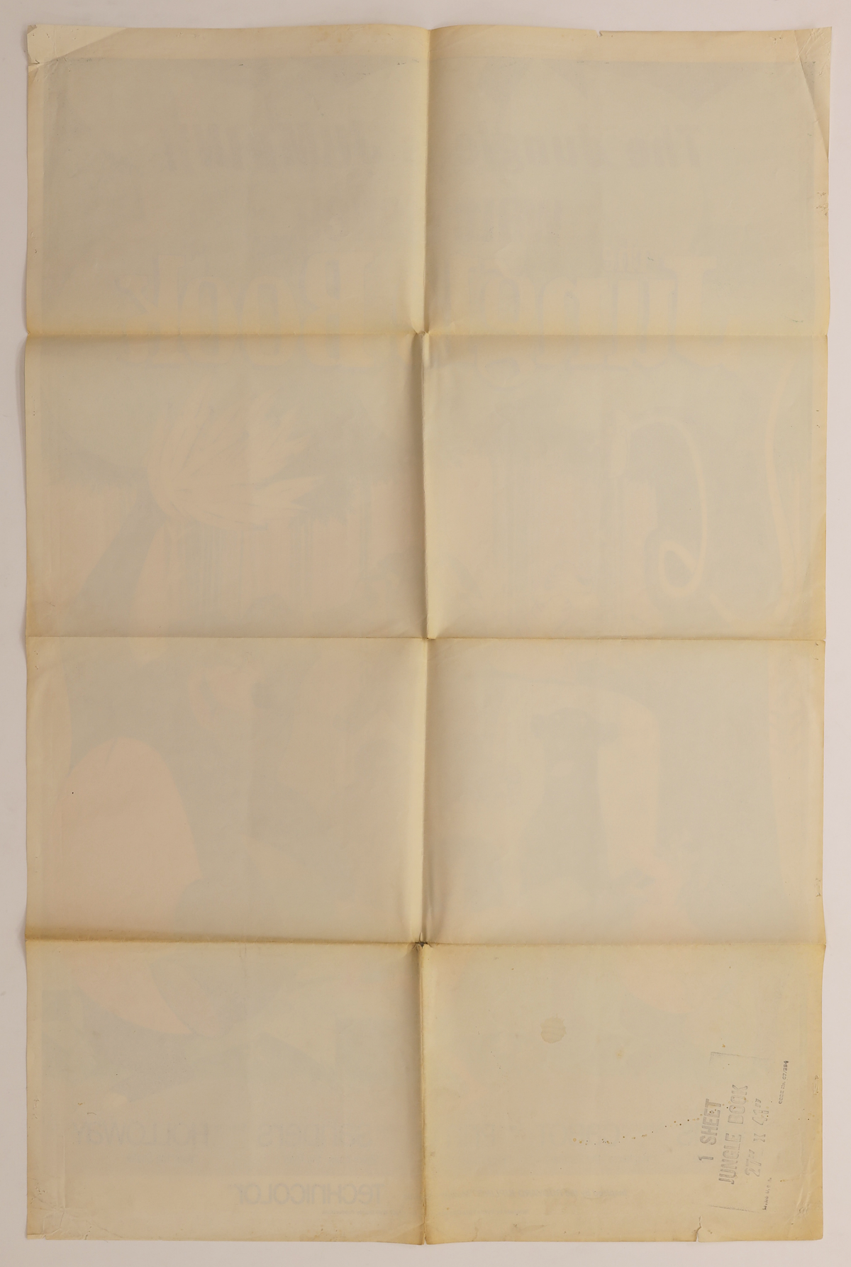Reverse of The Jungle Book 1967 U.S. one sheet movie poster showing original fold lines, age toning, staining and edge wear.