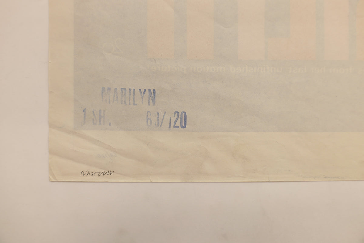 Reverse detail of the Marilyn 1963 U.S. one sheet movie poster showing the original “MARILYN 1 SH. 63/120” distribution stamp and handwritten marking.