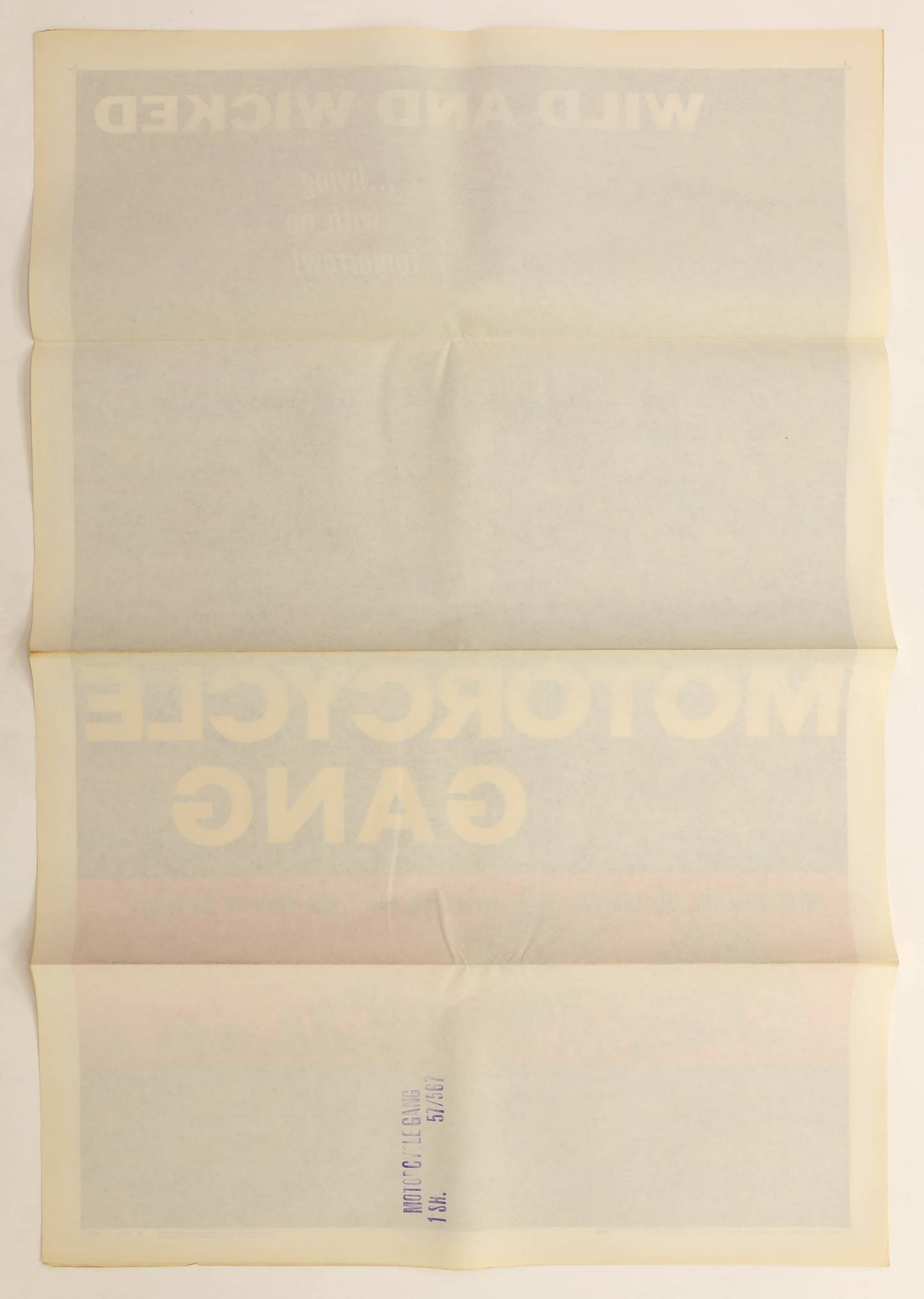 Back of original Motorcycle Gang (1957) U.S. one sheet movie poster showing original fold lines, age-related toning, and a theater stamp.