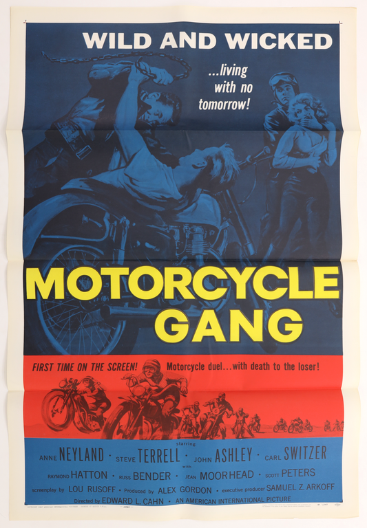 Original Motorcycle Gang (1957) U.S. one sheet movie poster featuring blue, yellow, and red biker artwork with motorcycles and the title Motorcycle Gang.